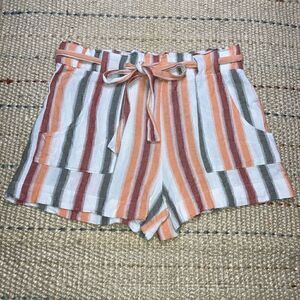 Indigo Rein, Linen Blend Striped Paper Bag Belted Shorts High Waist XL Beachy